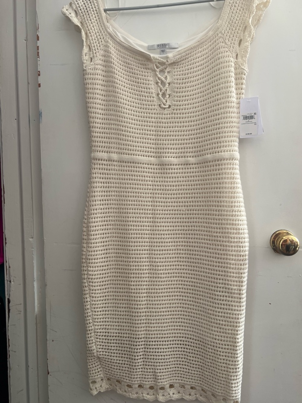 Guess Cream Crochet Midi Dress with Lace-Up Neckline